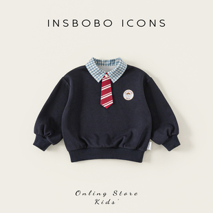 INSbobo男童卫衣2026春季好看假两件新款宝宝上衣儿童衣服童装潮