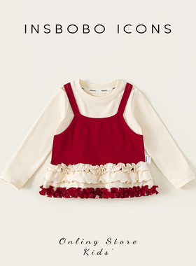 INSbobo女童上衣秋季女宝长袖t恤2025新款宝宝红色假两件春秋装潮