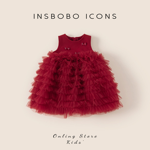 INSbobo女童连衣裙冬季新款新年红色周岁女宝礼服宝宝过年冬装潮