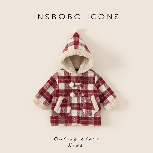 INSbobo儿童毛球装饰格子呢大衣