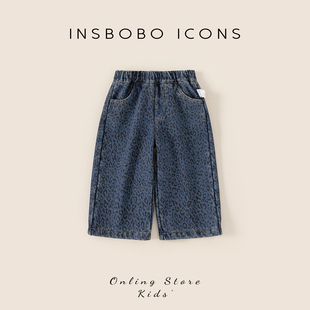 INSbobo女童裤子2025冬季新款加绒儿童豹纹牛仔裤女宝洋气冬装潮