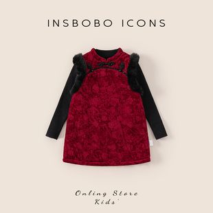 INSbobo女童汉服唐装2025冬季新款红色儿童周岁礼服女宝裙子冬装