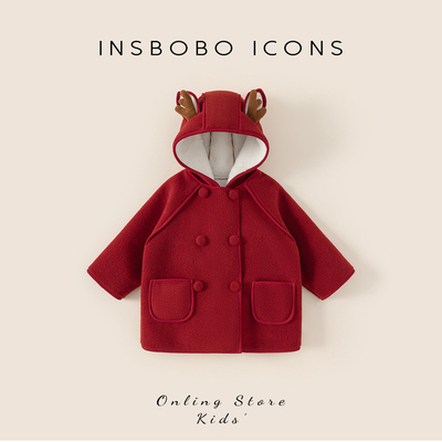 INSbobo儿童连帽双排扣呢大衣