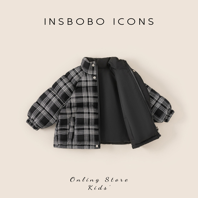 INSbobo儿童双面穿立领格纹棉服
