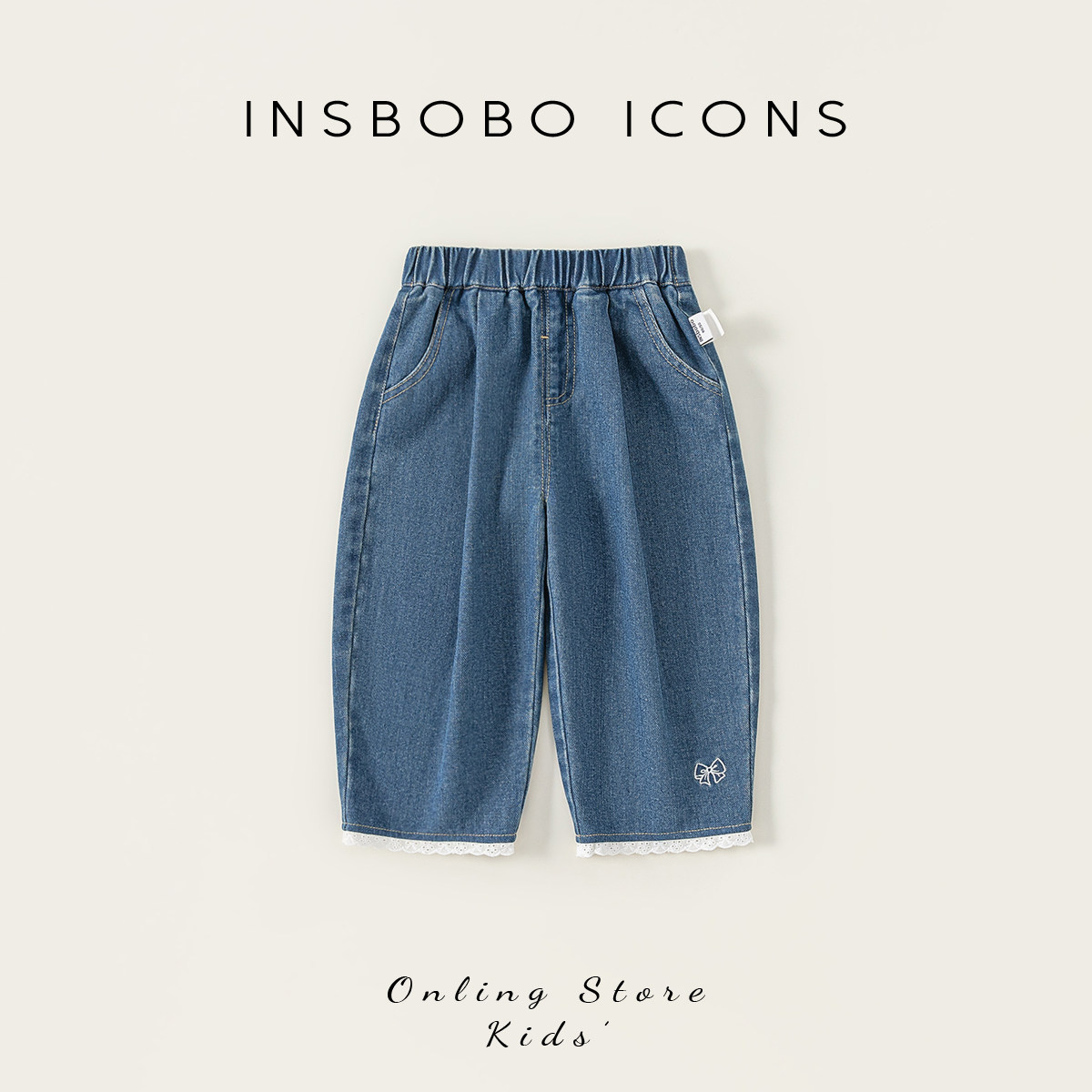 INSbobo儿童蝴蝶结刺绣牛仔裤图片