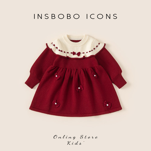 INSbobo儿童撞色蝴蝶结连衣裙