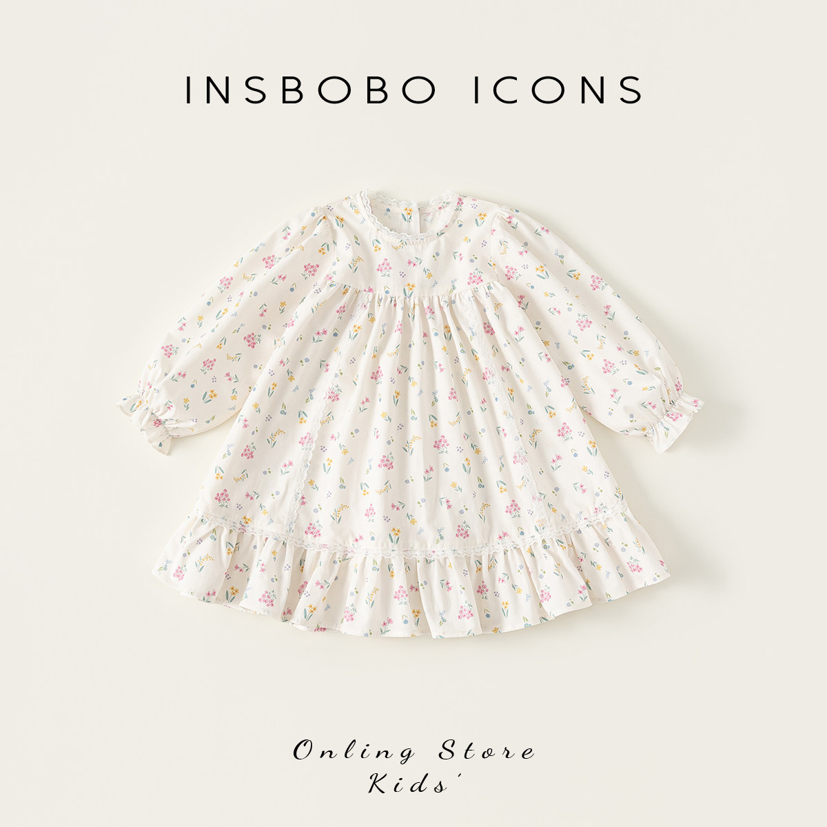 INSbobo儿童印花长袖花边连衣裙图片