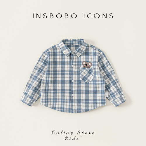 INSbobo儿童卡通绣花格子衬衫