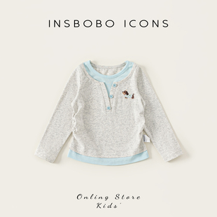 INSbobo女童打底衫2026春季新款假两件长袖衣服宝宝T恤儿童上衣潮
