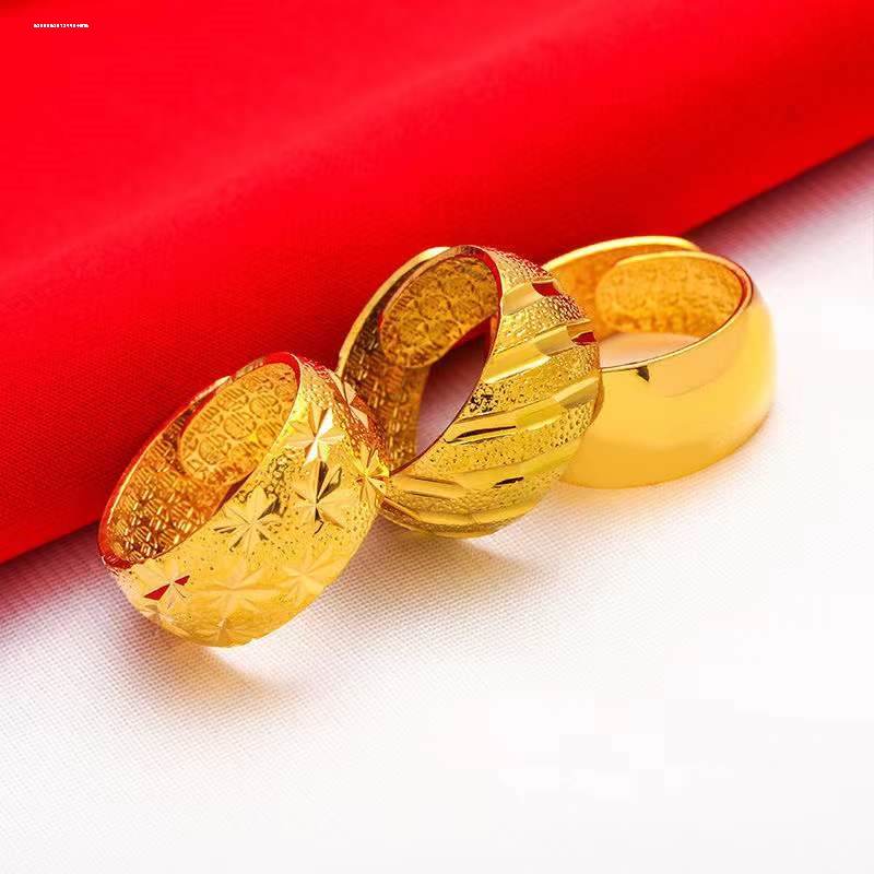 古法素圈戒指女磨砂越南沙金仿真黄金不易掉色小众设计轻奢素戒