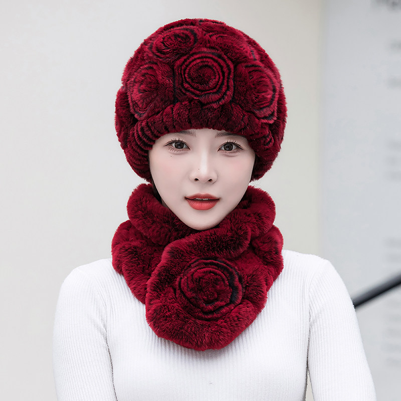 中老年獭兔毛皮草帽子保暖护耳围巾套装加厚奶奶休闲妈妈帽女冬季