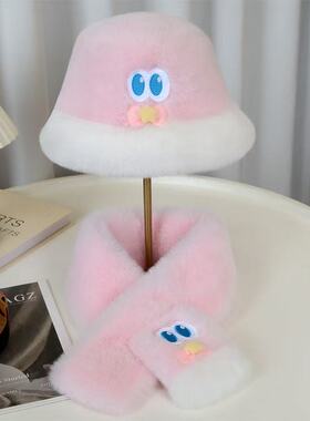 可爱张杰周边八花帽子卡通小熊毛绒盆帽保暖护耳雷锋帽交叉围巾冬