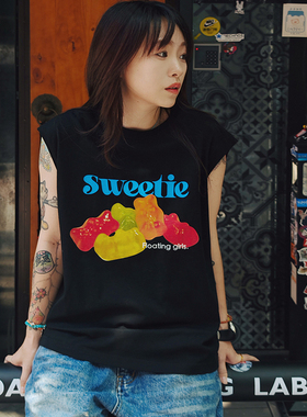 FLOATINGGIRL原创小熊软糖纯棉无袖T恤背心宽松百搭FG24X123TP