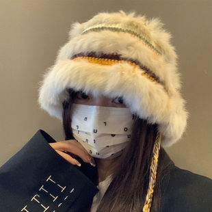 高级感超好看渔夫帽秋冬季韩版兔毛条纹撞色针织帽女百搭显脸小毛