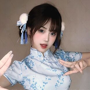 中华娘头饰发包春丽cos甜美洛丽塔丸子头发夹蓝色旗袍汉服配饰