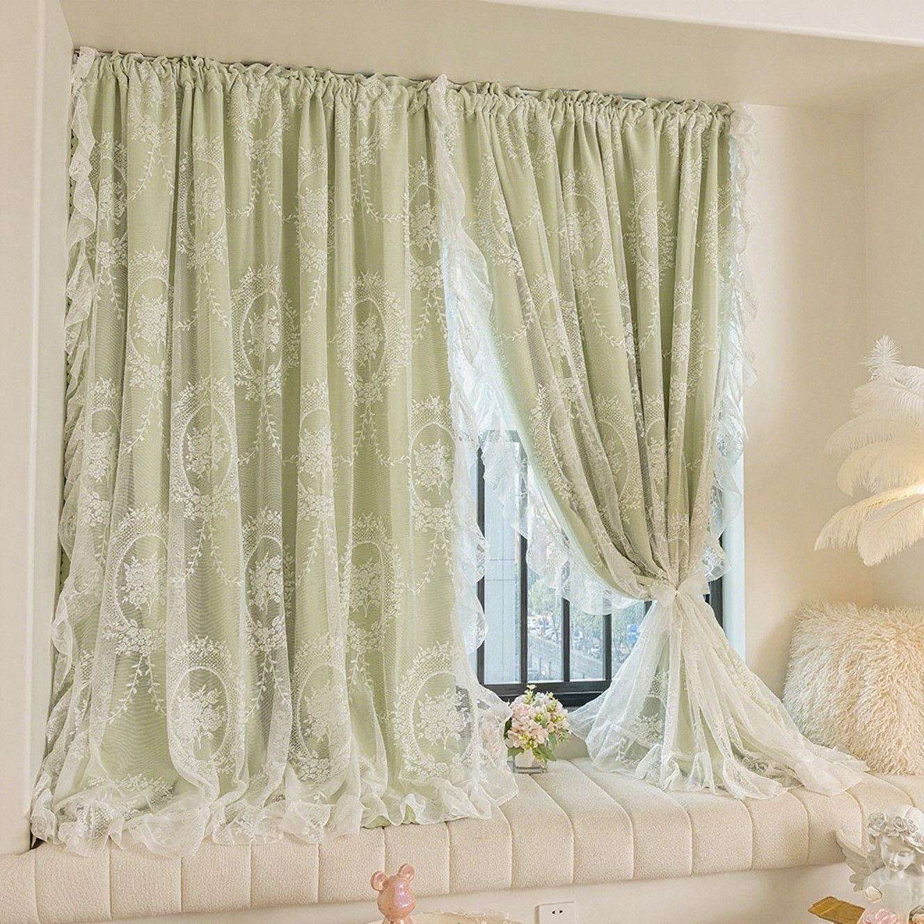 短款窗帘魔术贴双层全遮光窗帘卧室遮光遮阳防晒隔热带纱一体遮光