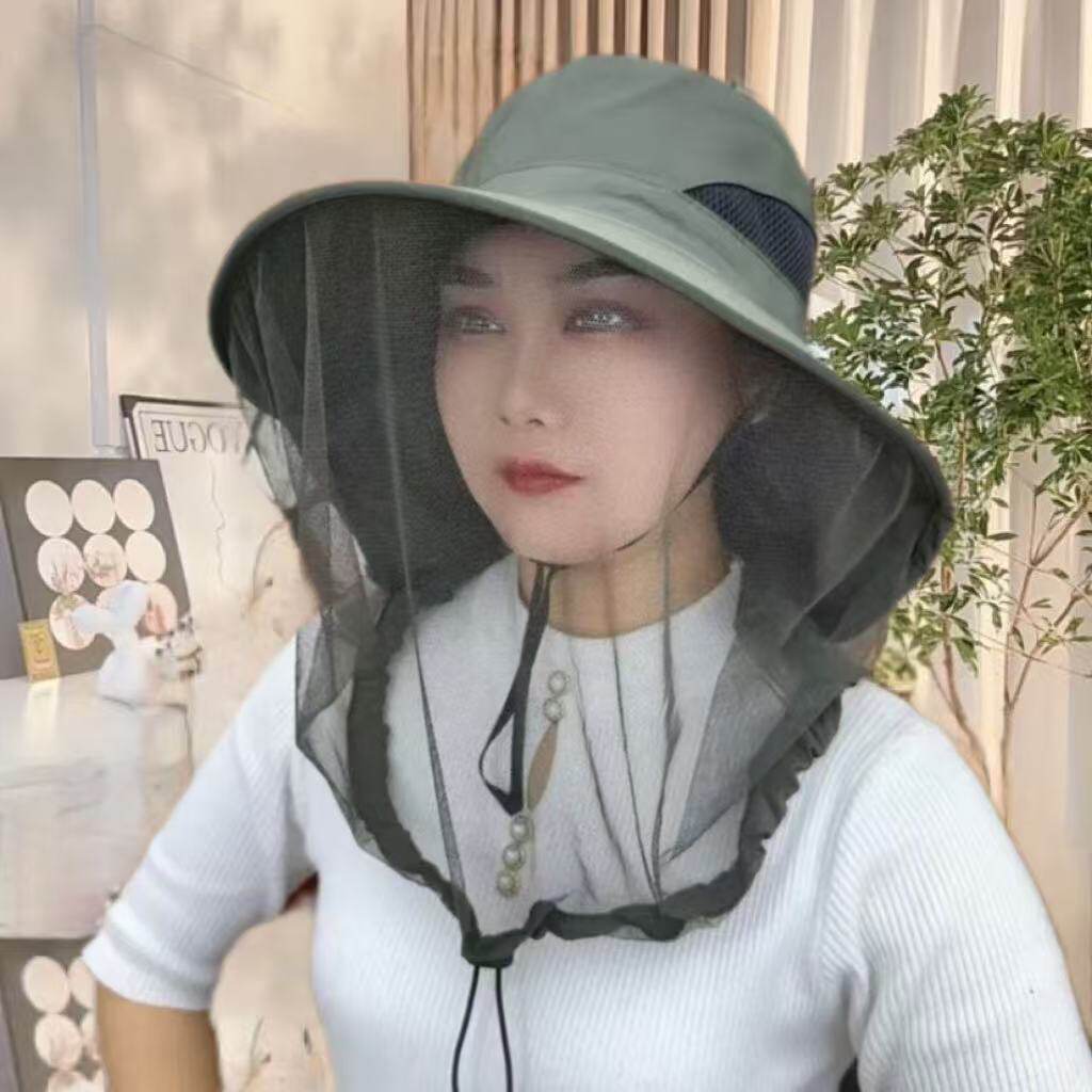女士遮阳帽带防风绳网纱