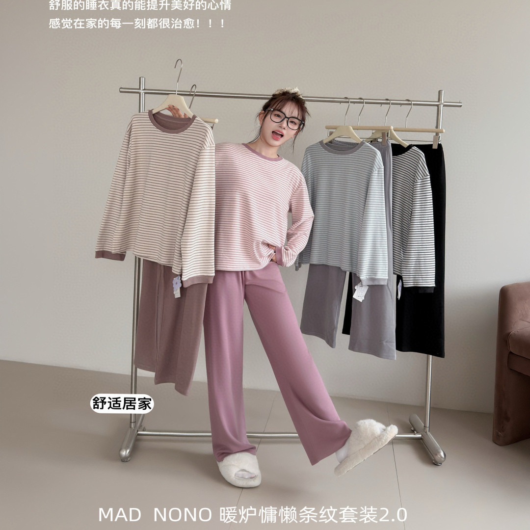 暖炉慵懒条纹套装2.0秋冬睡衣女