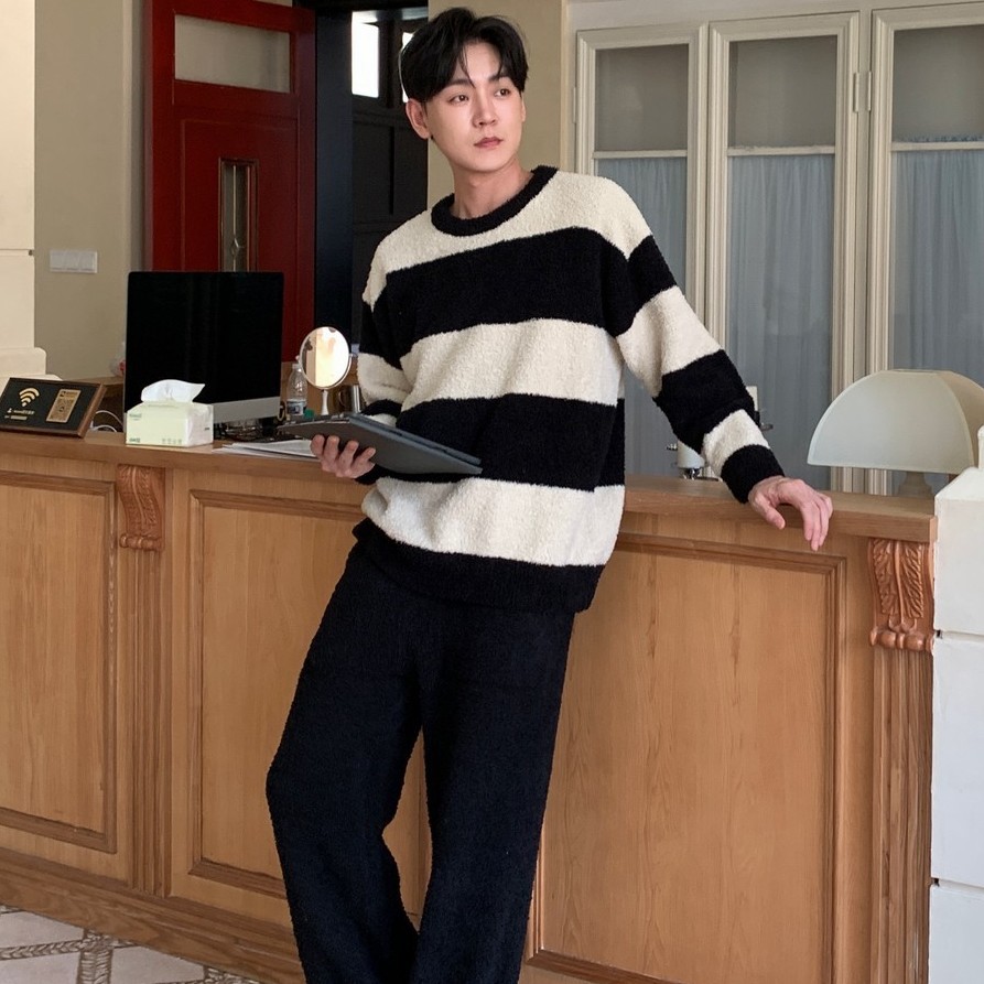 半边绒男家居服冬软绵绵加绒睡衣