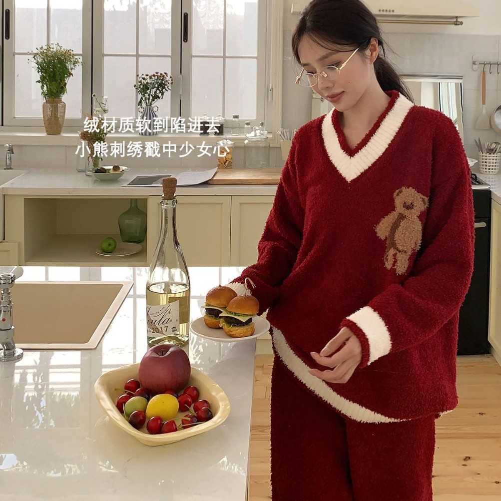 软绵绵半边绒睡衣女学院风家居服