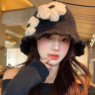 帽子韩系氛围感高级感黑色花朵针织渔夫帽女秋冬季显脸小盆帽大头