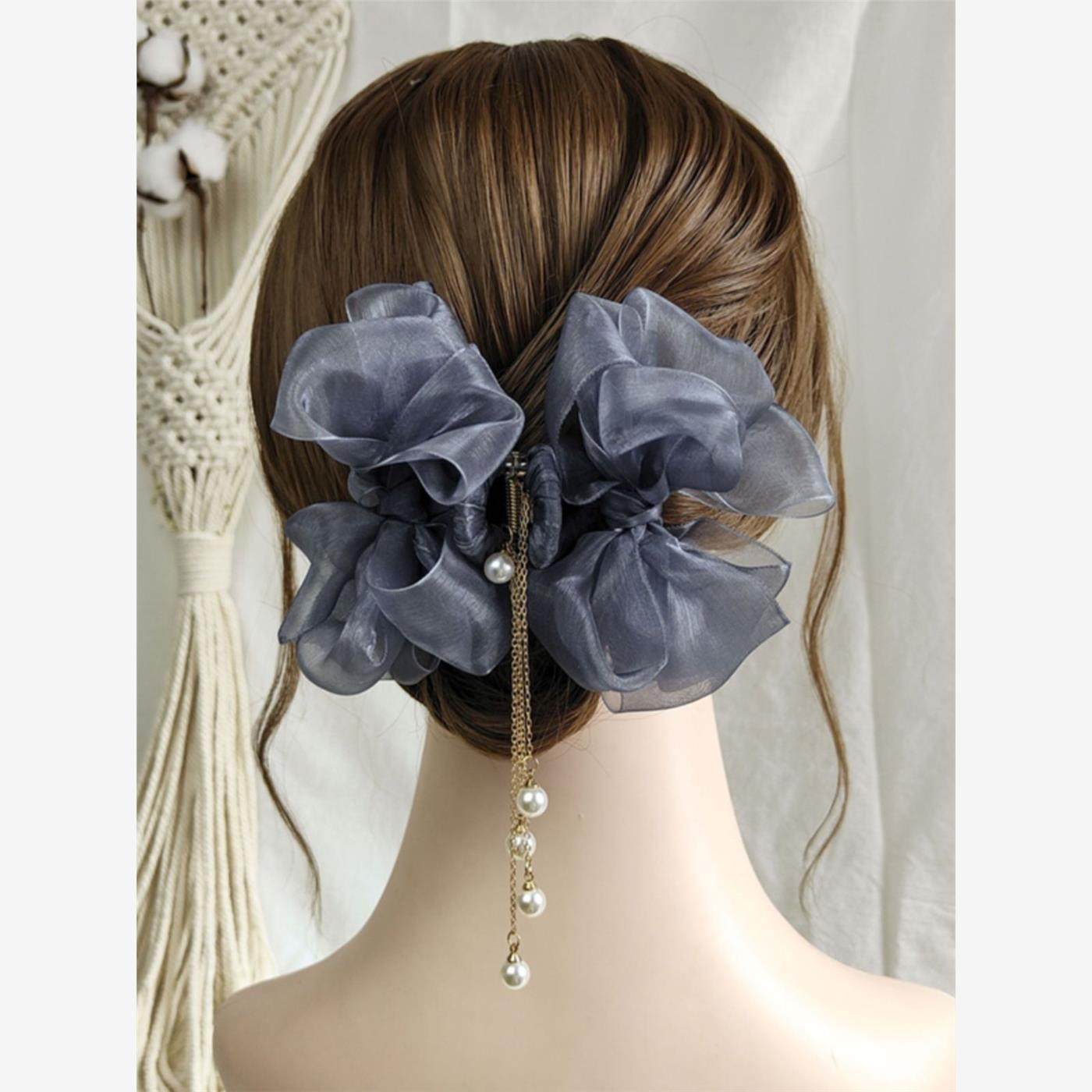 超级好看的抓夹欧根纱蝴蝶结珍珠流苏抓夹大号马尾发夹女后脑勺盘