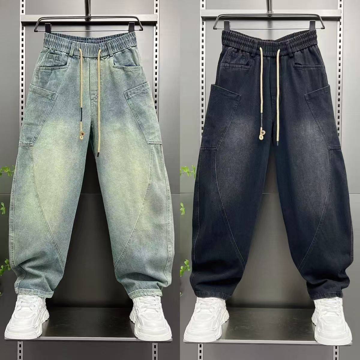 秋冬季浅蓝色牛仔裤男生痞帅潮流哈伦裤水洗百搭宽松休闲萝卜裤男