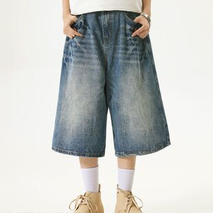 ACRARDIC夏潮牌水洗闪电纹蓝色牛仔短裤男高街美式宽松阔腿七分裤