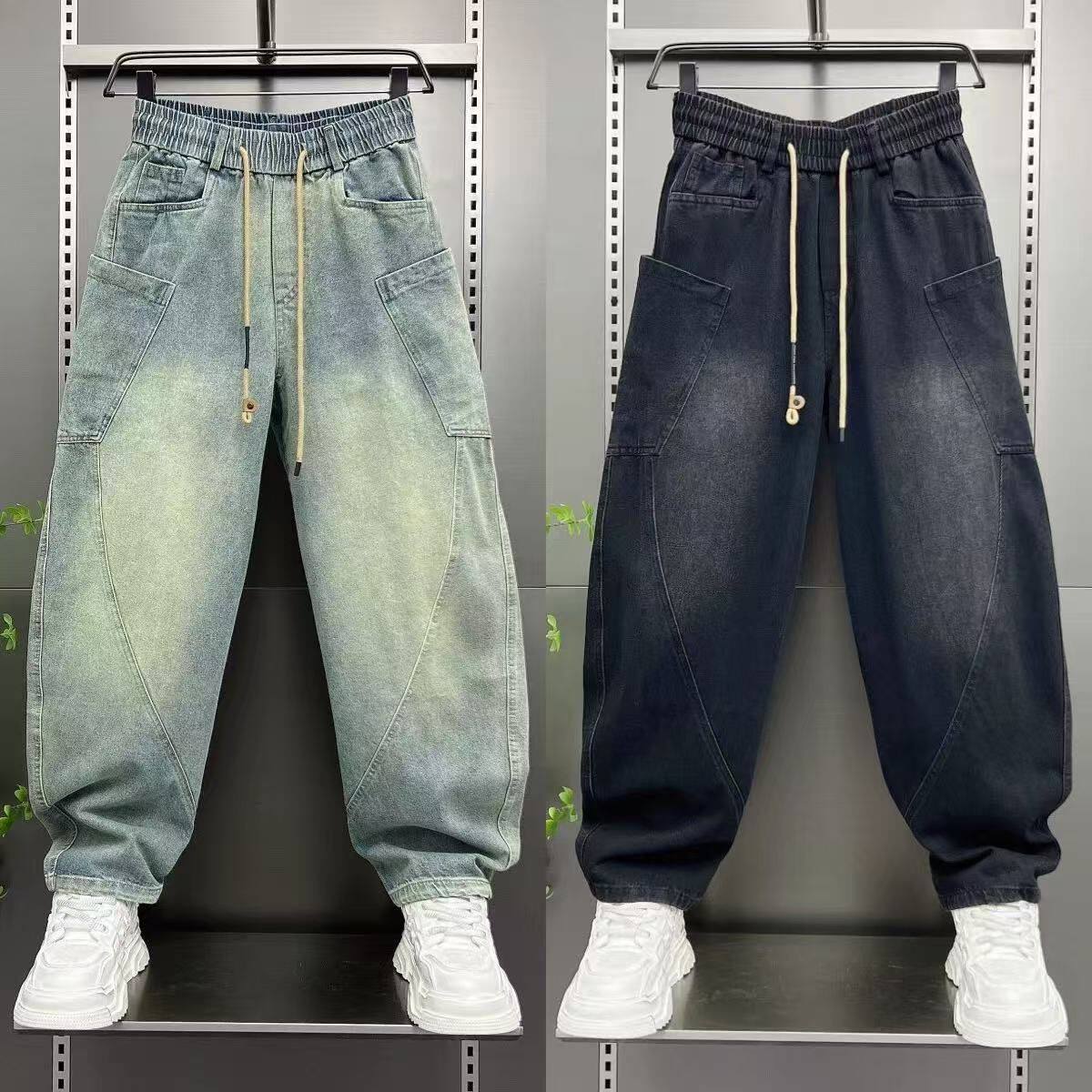 秋冬季浅蓝色牛仔裤男生痞帅潮流哈伦裤水洗百搭宽松休闲萝卜裤男