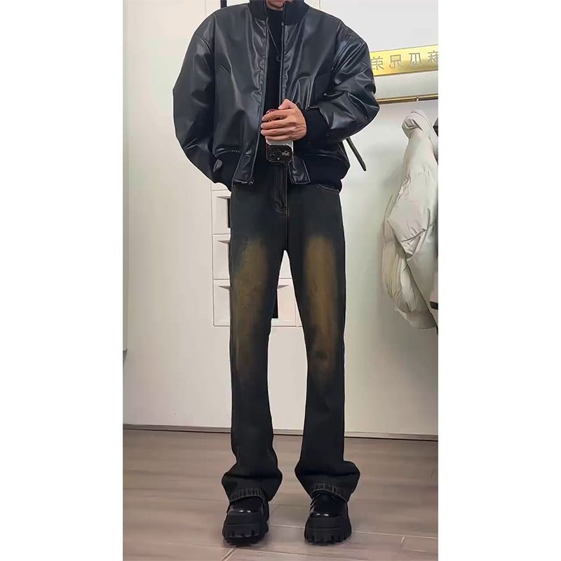 水洗做旧锈土牛仔裤秋冬男款美式vibe微喇裤子高街复古弯刀直筒裤