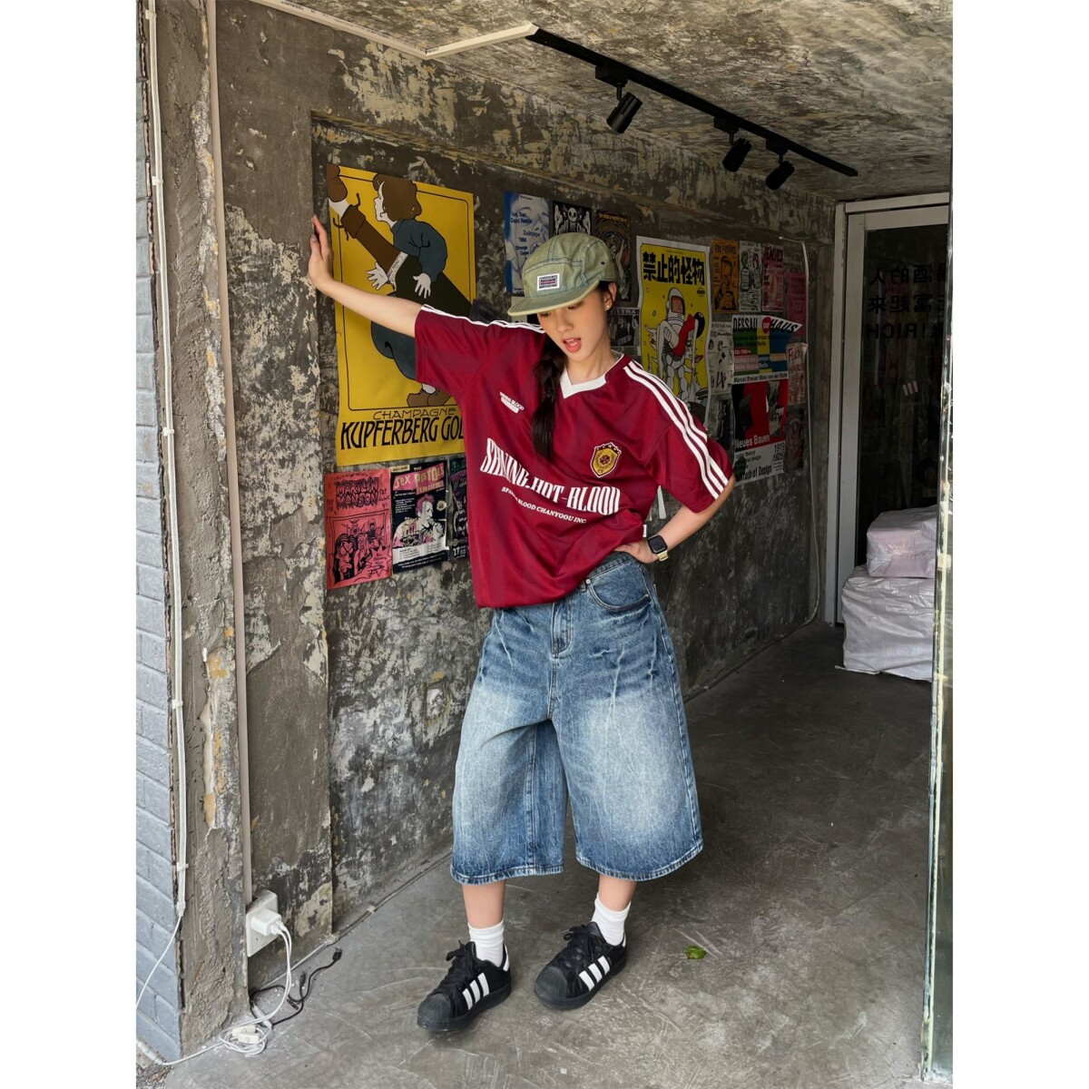 CLOSER男女款闪电纹做旧美式水洗牛仔七分裤短裤阔腿直筒宽松夏季