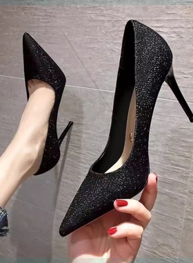 床上高跟鞋性感黑色性趣夜店职业少女细跟亮片法式少女调情伴娘鞋