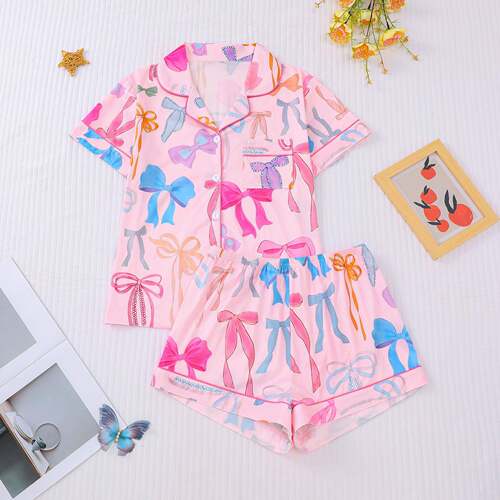 Women Over Bow Print Button Front Shirt Shorts Pyjama Set