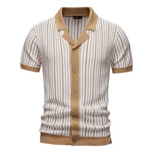 Mens Casual Short Sleeve Knit Polo Shirt Striped Color Block