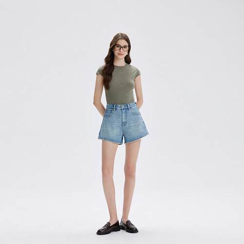 Spring Summer Washed Blue Elastic Ripped Shorts Women Street