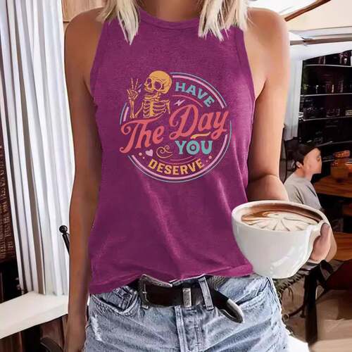 Women's Slogan Print Round Neck Tank Top, Casual Sleeveless