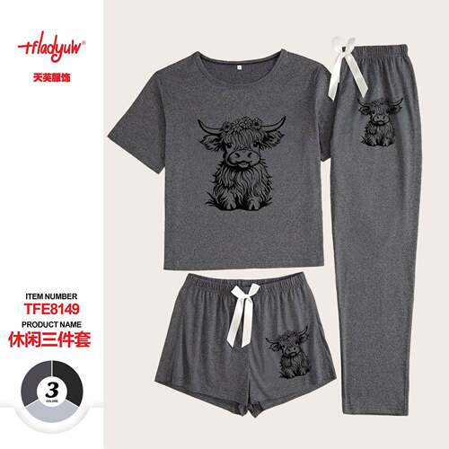 Women Cow Print Round Neck Sleeve Tee Shorts Pants Pyjama