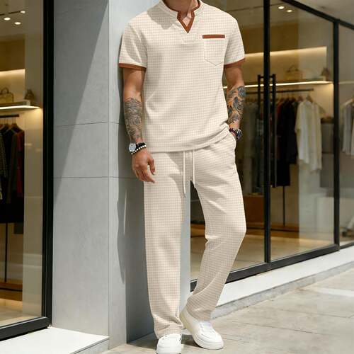 Men Casual Sporty Colorblock Waffle Knit Double V Neck