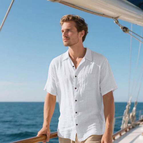 Men Linen Plain Button Shirt Sleeve Breathable Comfortable