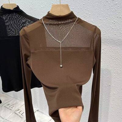Women Mesh Sleeve Turtleneck Slim See Through Going Out