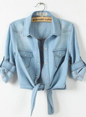 Womens 34 Sleeve Denim Tie Knot Crop Top Y2K Western Button