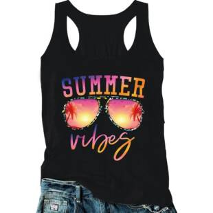 Women's Coconut Tree & Letter Print Round Neck Tank Top,