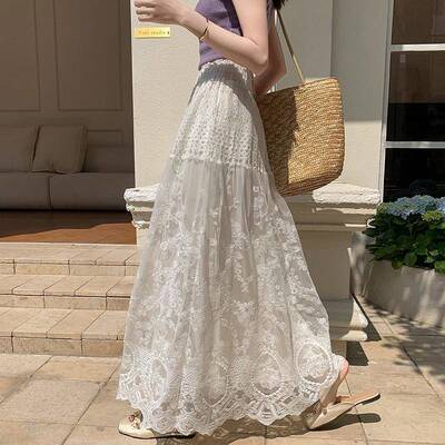 Lace Summer Elastic Waist Midi Skirt Lazy Print Casual