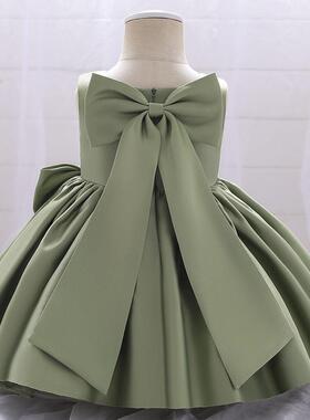 girls solid big bow decor plicated satin dress formal square