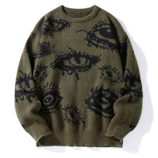 Mens Casual Unisex Eye Print Round Neck Longsleeves Crewneck