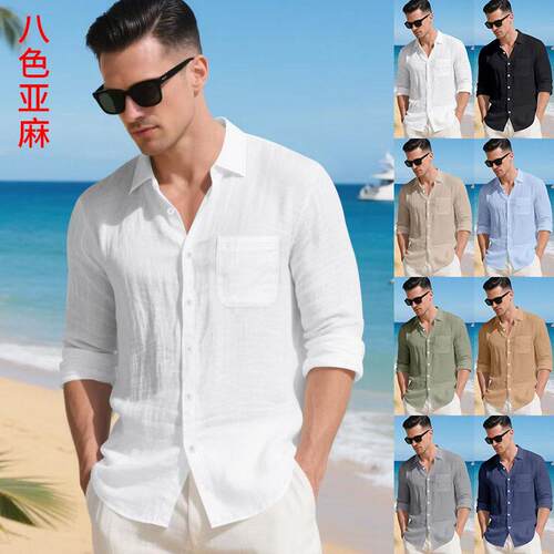 Men Linen Sleeve Button Collared Shirt Front Casual Plain