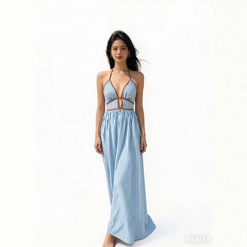 Women French Stripe Halter Dress V Waist Cinch Color Block