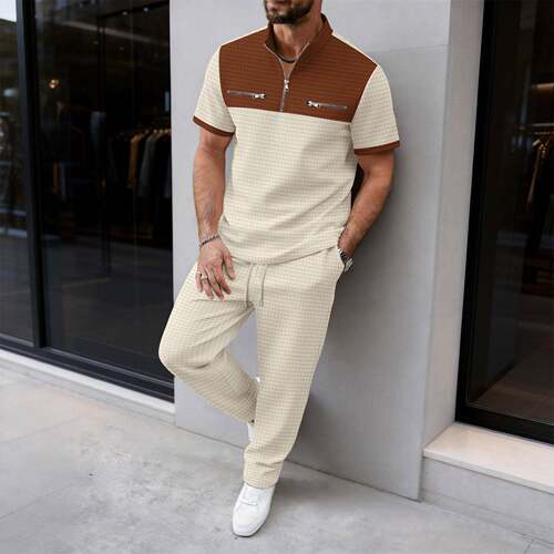 Men Casual Waffle Knit Colorblock Zipper Stand Collar Sleeve