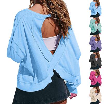 Womens Workout Casual Yoga Open Back Top Long Sleeve