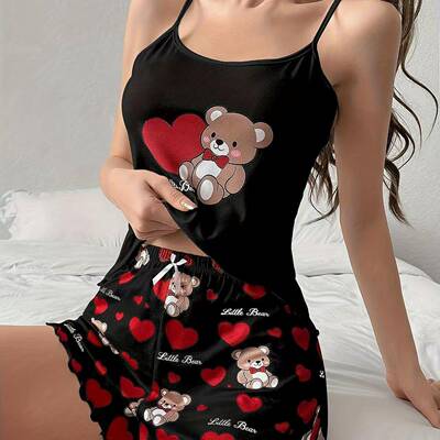 Heart Bear Women Strapless Shorts Set Casual Summer